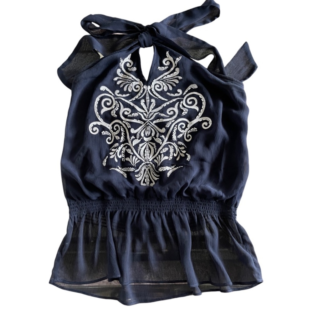 1254 Embroidered Cache Navy Blue Halter Top